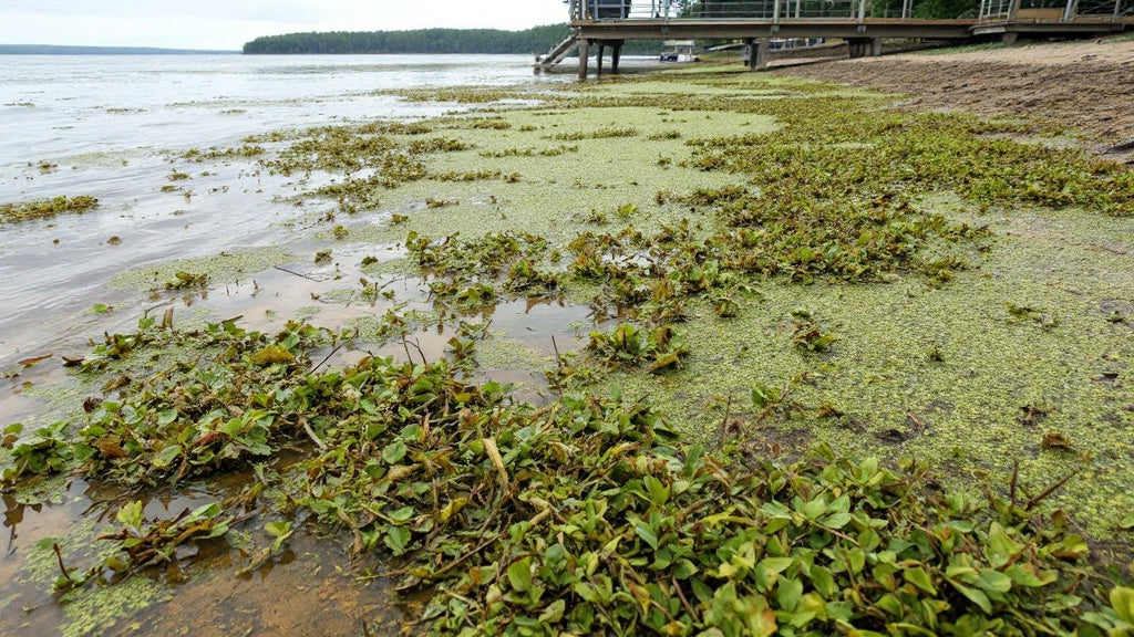 Weed-choked shoreline before